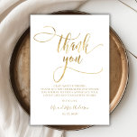Elegant Gold Script Photo Wedding Thank You Card<br><div class="desc">Modern Chic Gold Calligraphy Script Photo Wedding Thank You Card. Stylish wedding thank you template featuring a full vertical photo, "Thank You" text in a whimsical swirly hand lettering typography swash tail font script faux gold foil. 2-sided card with pre-made thank you message at the front, and full photo on...</div>