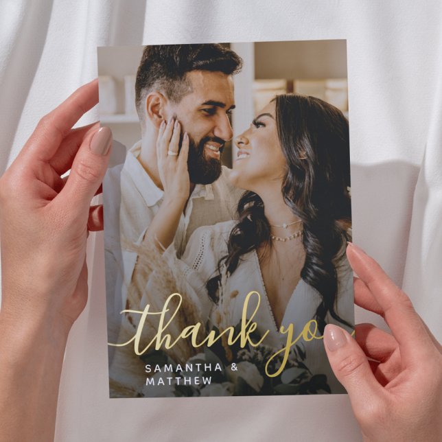 Elegant Gold Script Photo Wedding Thank You Card (Elegant script gold Thank You wedding Card with photo)