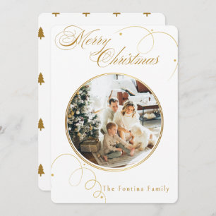 Elegant Gold Script Pine Tree Christmas Photo Holiday Card