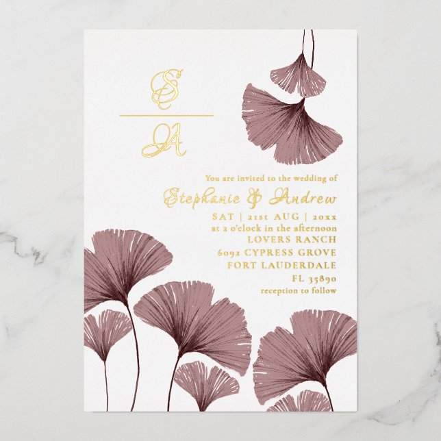 Elegant Gold Script Pink Leaf Wedding Invitation (Front)