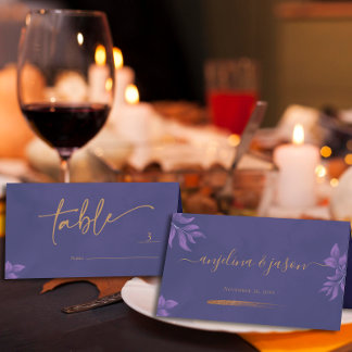 Elegant Gold Script Purple Eucalyptus Wedding Place Card
