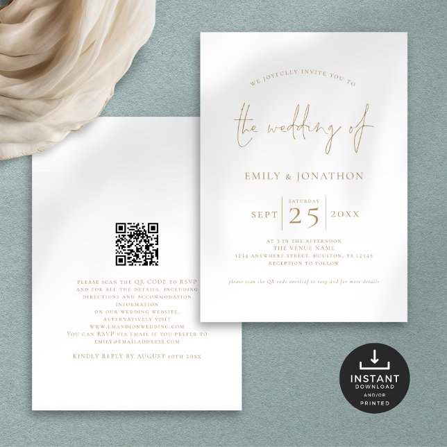 Elegant Gold Script QR Code Wedding Invitation (Front and back view)