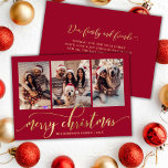 Elegant Gold Script Red 3 Photo Collage Christmas Holiday Card<br><div class="desc">Modern Elegant Script Red and Gold 3 Photo Collage Merry Christmas Holiday Card. This festive holiday card features a stylish whimsical ‘Merry Christmas’ greeting in elegant hand-lettered calligraphy on red background. The text is displayed in a faux gold brush script with swashes, beautifully set against a rich red background. The...</div>