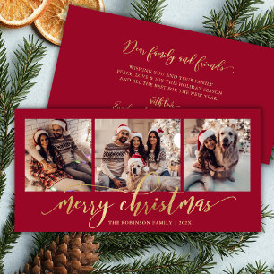Elegant Gold Script Red 3 Photo Collage Christmas Holiday Card