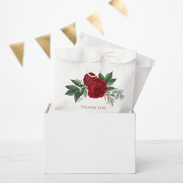 Elegant Gold Script Red Floral Thank You Favour Bags (Creator Uploaded)