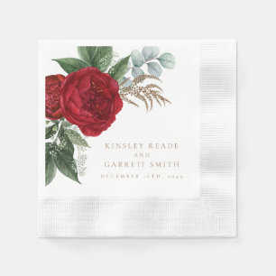 Elegant Gold Script Red Floral Wedding Napkin