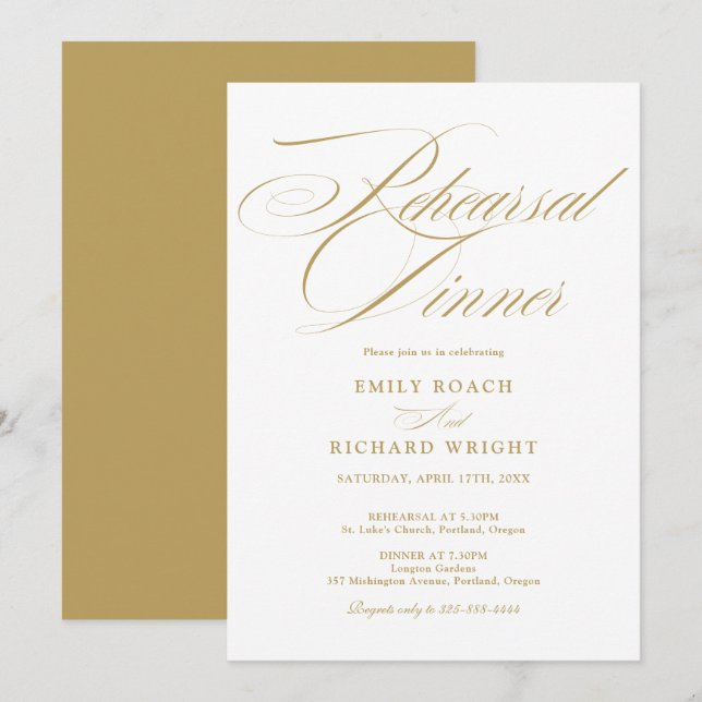Elegant Gold Script Rehearsal Dinner Invitation (Front/Back)