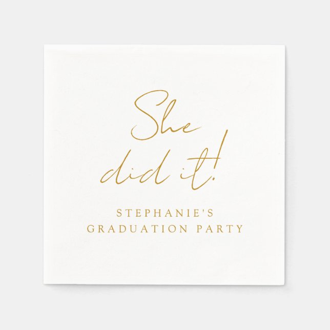 Elegant Gold Script She Did It Modern Graduation  Napkin (Front)