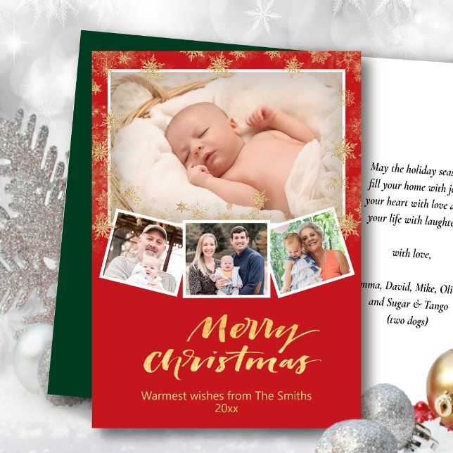 Elegant Gold Script Snowflakes Modern Red Festive Holiday Card (Creator Uploaded)