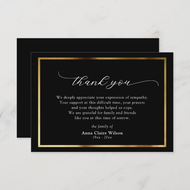 Elegant Gold Script Sympathy Thank You Card (Front/Back)