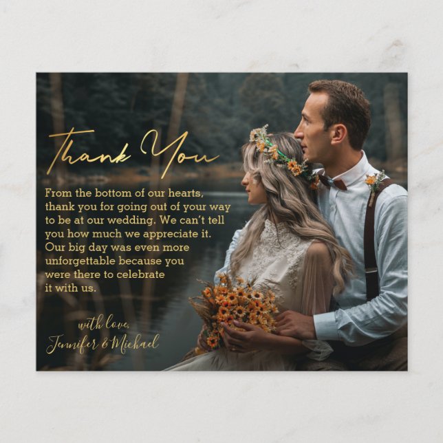 elegant gold script thank you wedding photo card (Front)