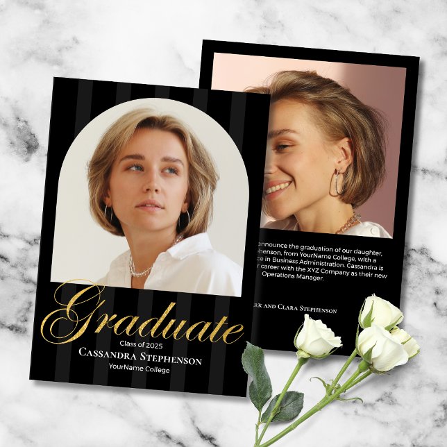 Elegant Gold Script Two Photo Custom Graduation Announcement (Elegant Gold Script 2-Photo Custom Graduation Announcement with faux gold leaf, tuxedo stripes.)