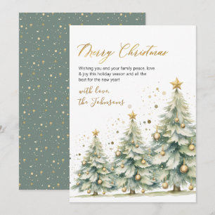 Elegant Gold Script Watercolor Christmas Tree  Holiday Card