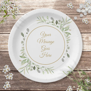 Elegant Gold Script Watercolor Greenery Floral Paper Plate