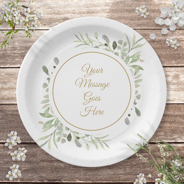 Elegant Gold Script Watercolor Greenery Floral Paper Plate (Elegant Gold Script Watercolor Greenery Floral Paper Plates)