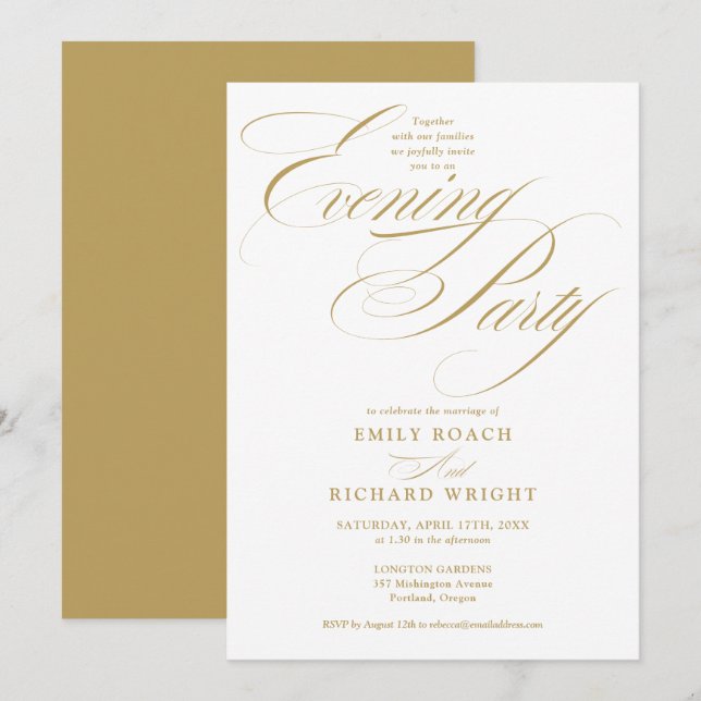 Elegant Gold Script Wedding Evening Party Invitation (Front/Back)