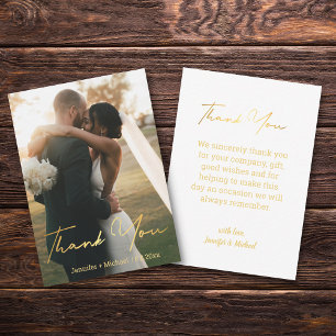 elegant gold script wedding photo thank you card