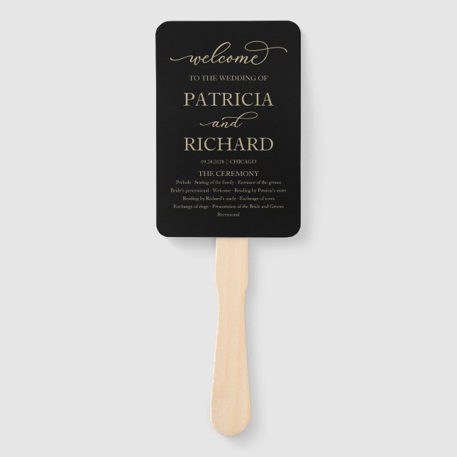 Elegant Gold Script Wedding Program Black Hand Fan (Front)
