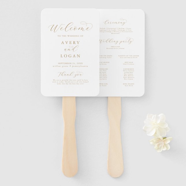 Elegant Gold Script Wedding Program Hand Fan (Front and Back)
