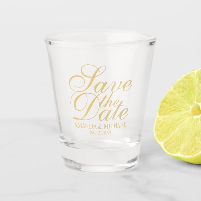 Elegant Gold Script Wedding Save the Date Shot Glass (Front)