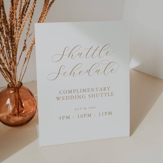 Elegant Gold Script Wedding Shuttle Schedule Pedestal Sign (Creator Uploaded)