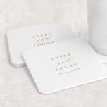 Elegant Gold Script Wedding Square Paper Coaster<br><div class="desc">This elegant gold script wedding favour square paper coaster is perfect for a simple wedding. The minimalist gold and white design features fancy romantic typography with modern glam style. Customisable in any colour. Keep the design minimal and classy, as is, or personalise it by adding your own graphics and artwork....</div>