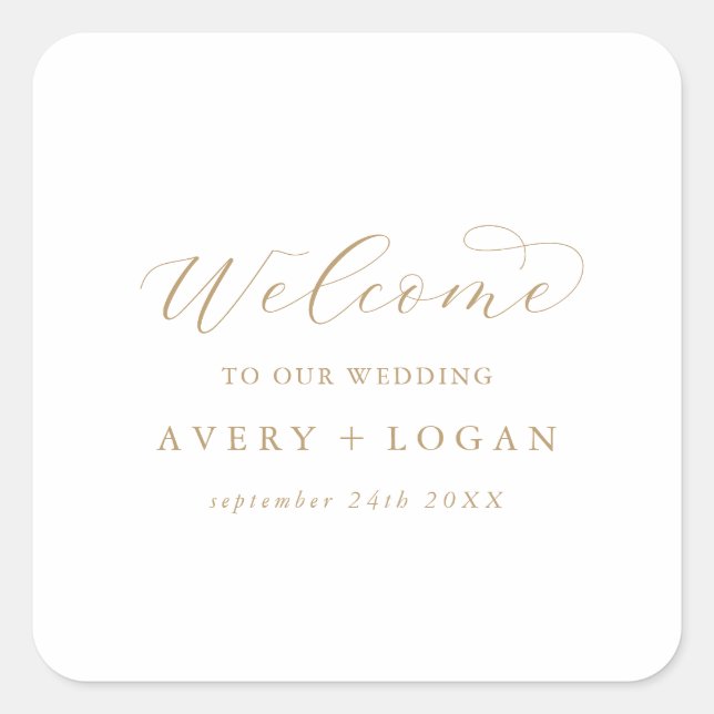 Elegant Gold Script Wedding Welcome Square Sticker (Front)