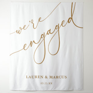 Elegant Gold Script We're Engaged Engagement Party Tapestry