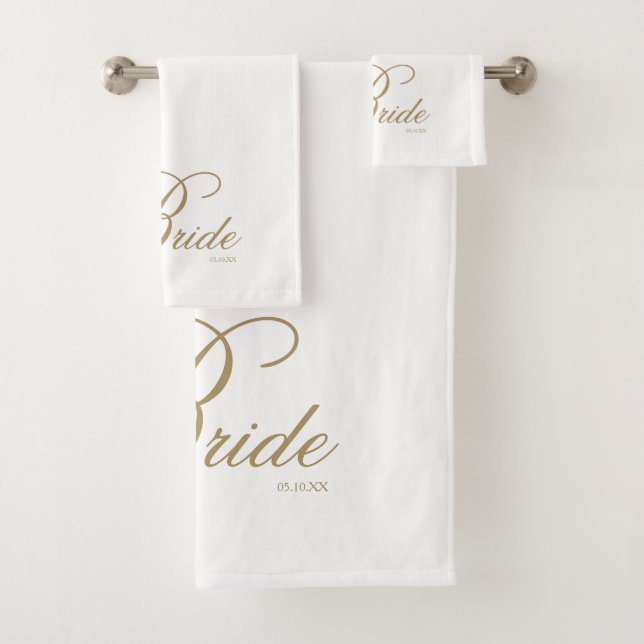 Elegant Gold Script White Bride Bath Towel Set (Insitu)