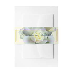 Elegant Gold Script White Rose Double Frame Invitation Belly Band