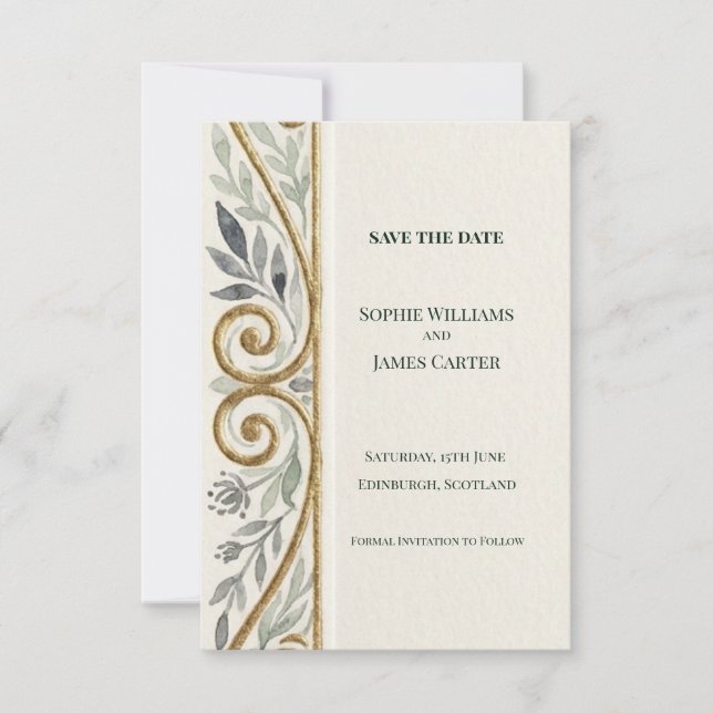 Elegant Gold Scroll Save The Date Card (Front)