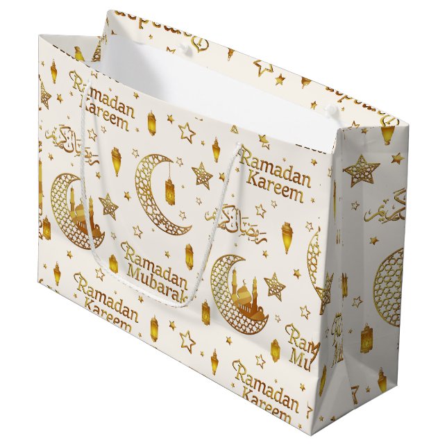 Elegant Gold Seamless Ramadan Greeting Arabic Large Gift Bag (Front Angled)