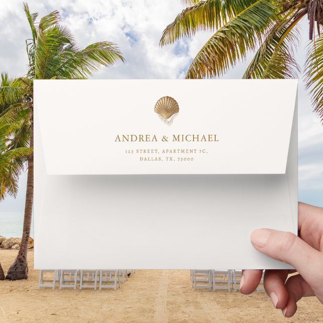 Elegant Gold Seashell Coastal Wedding Envelope (Creator Uploaded)