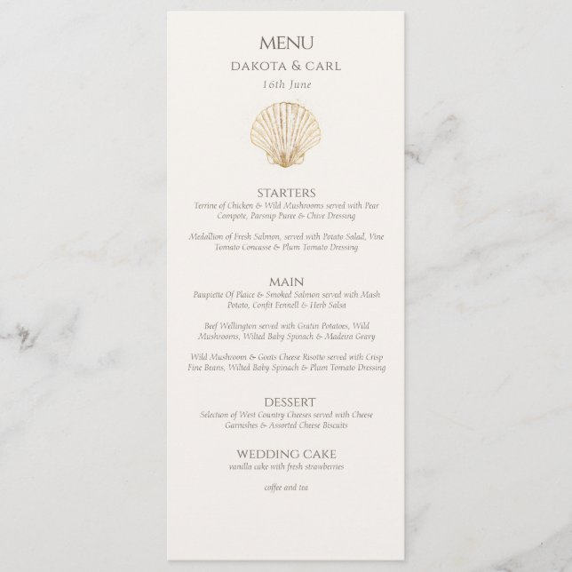 Elegant Gold Seashell Creamy Double Side Wedding  Menu (Front)