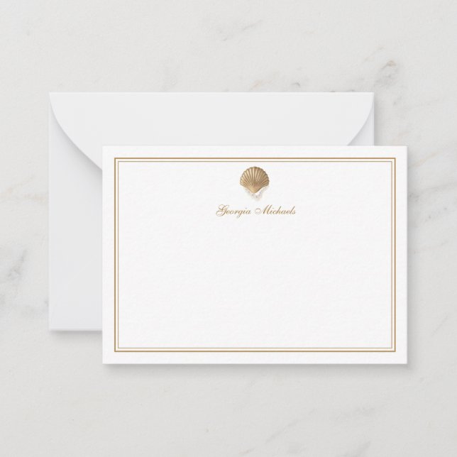 Elegant Gold Seashell & Pearls Custom Name Coastal Card (Front)