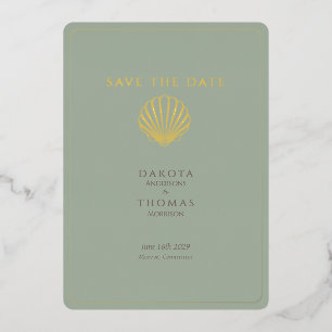 Elegant Gold Seashell Sage Wedding Save the Date