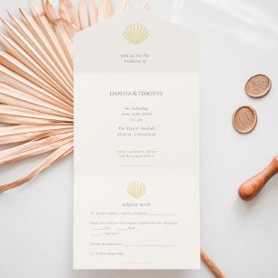 Elegant Gold Seashell Wedding  All In One Invitation