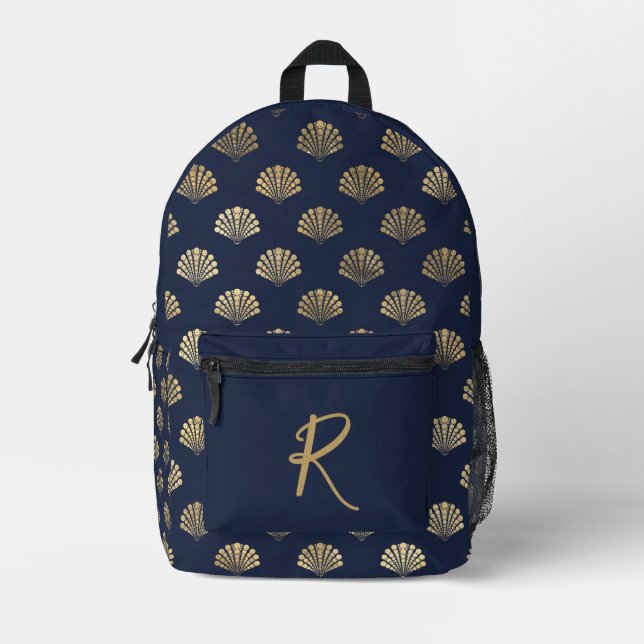 Elegant Gold Seashells on Navy Personalised Printed Backpack (Front)