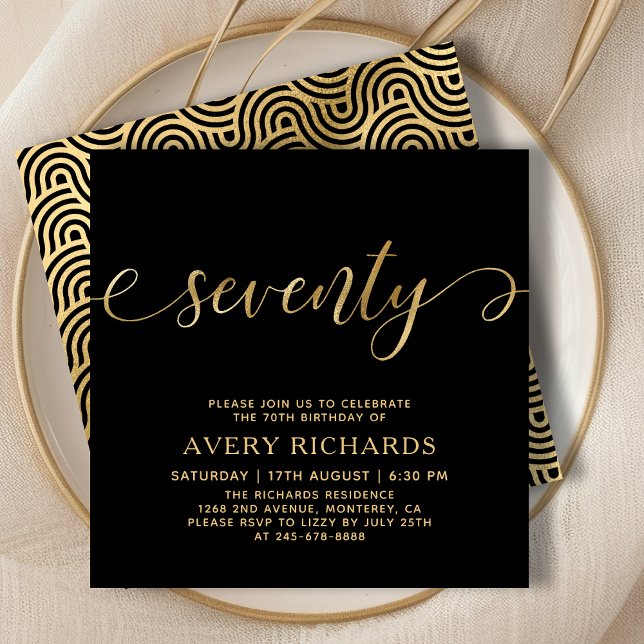 Elegant Gold Seventy Script Black 70th Birthday Invitation (Creator Uploaded)