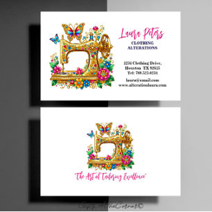 Elegant Gold Sewing Machine With Flowers Butterfly Business Card