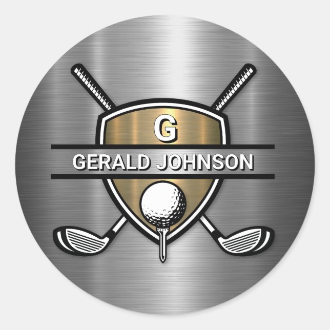 Elegant Gold Shield Golf Monogram Design Classic Round Sticker (Front)