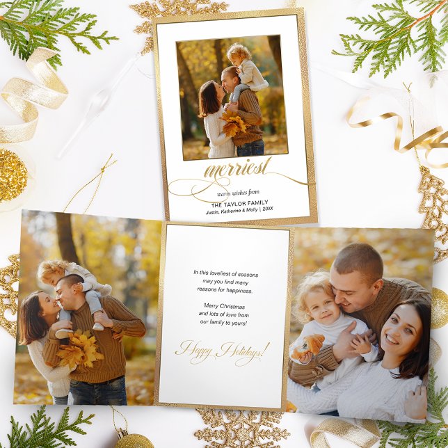 Elegant Gold Shimmer Merriest Calligraphy & Photo Tri-Fold Card (Creator Uploaded)
