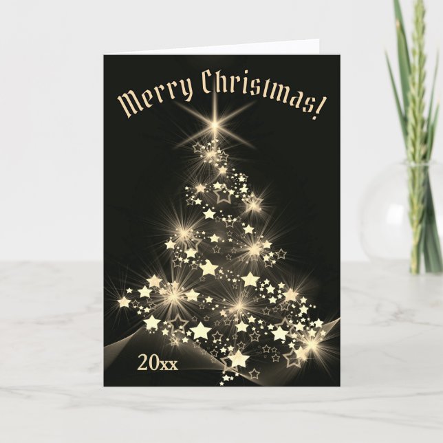 Elegant Gold Shinning Stars on Christmas Tree   Card (Front)
