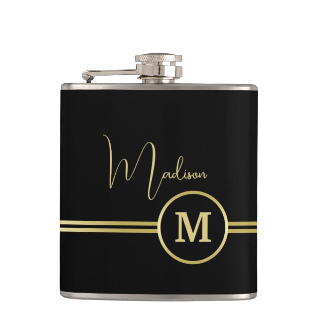 Elegant Gold Signature Monogram on Black Hip Flask (Front)