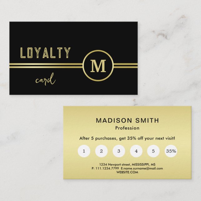 Elegant Gold Signature Monogram on Black Loyalty Card (Front/Back)