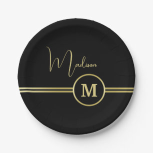 Elegant Gold Signature Monogram on Black Paper Plate