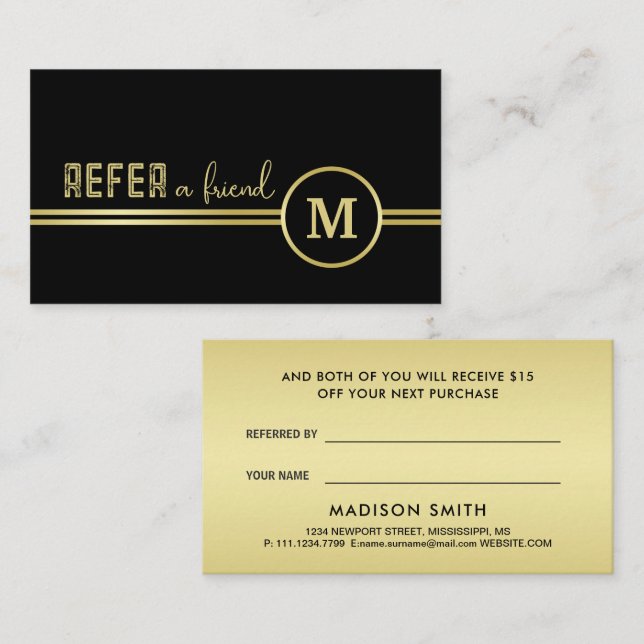 Elegant Gold Signature Monogram on Black Referral Card (Front/Back)