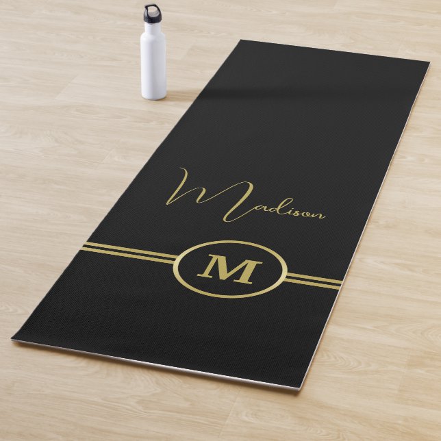 Elegant Gold Signature Monogram on Black Yoga Mat (In Situ)