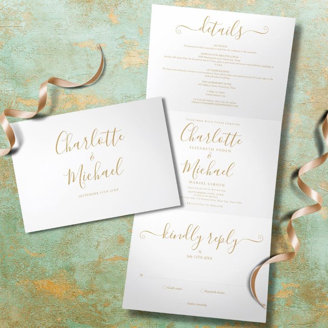 Elegant Gold Signature Script Monogram Wedding Tri-Fold Invitation (Creator Uploaded)