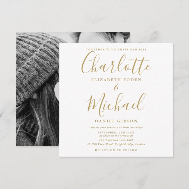 Elegant Gold Signature Script Wedding Photo Invitation (Front/Back)